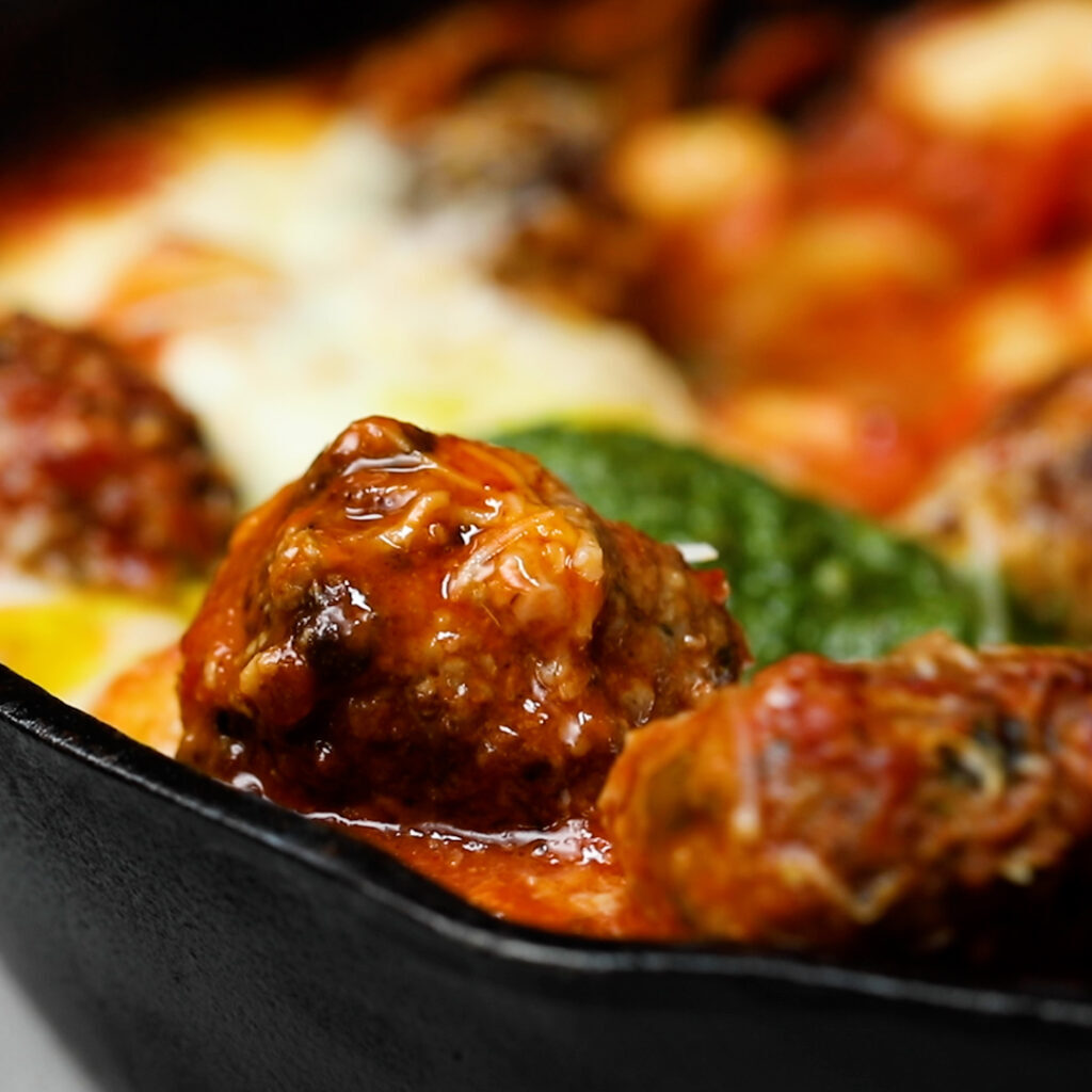 Meatball Gnocchi Bake with Pesto