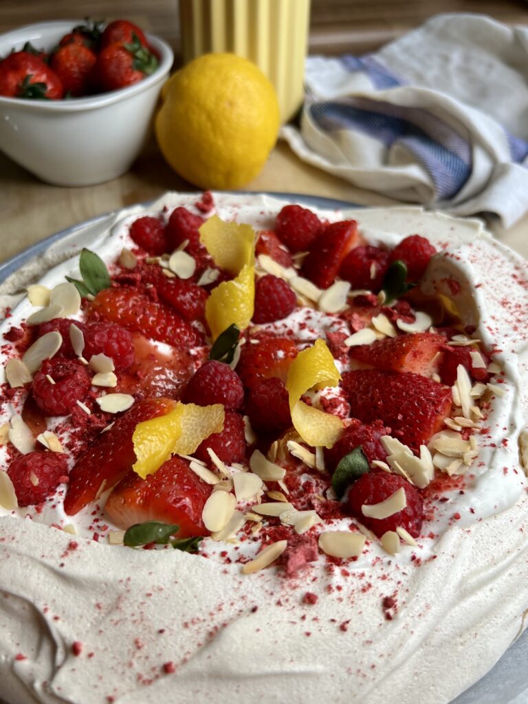 Rhubarb and Strawberry Vegan Pavlova